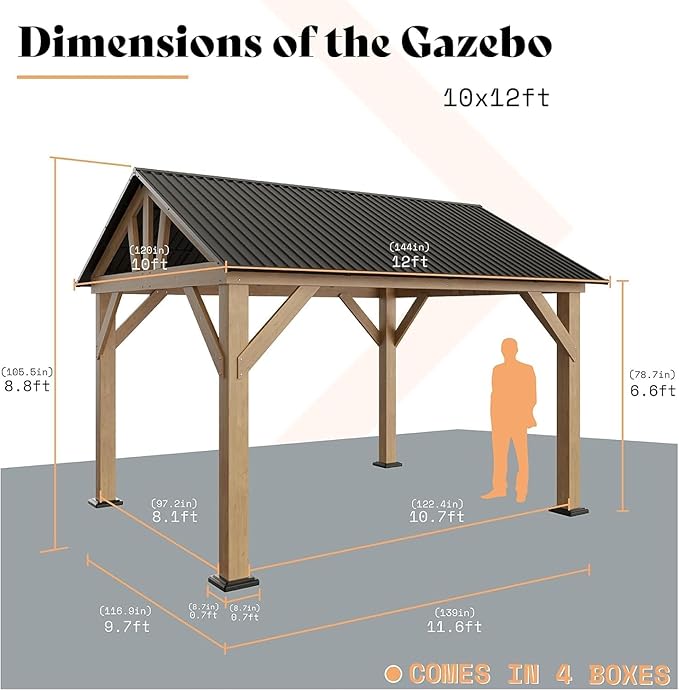 10x12 FT Wood Gazebo, Hardtop Pergola with Steel Gable Roof, Outdoor Gazebo with Guest House for Garden, Porch, Patio, Black + Natural Wood
