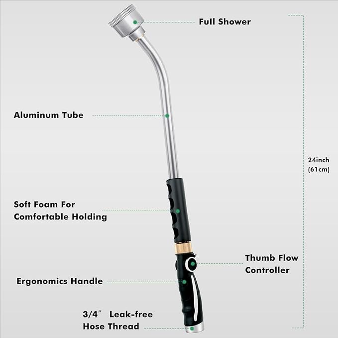 RESTMO Long Watering Wand, 24 Inches Gentle Soft Full Shower Sprayer Wand with Thumb Flow Control, Heavy Duty Metal Hose Wand for Hanging Baskets, Shrubs, Plants, Flowers, Garden and Lawn, Silver