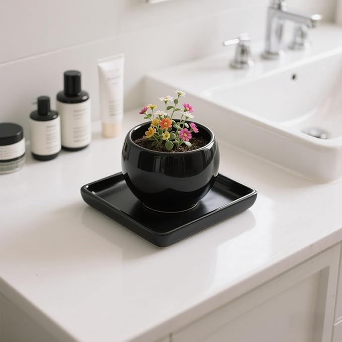 Square Plant Saucer 6 Inch 2 Pack，Plant Trays for Pots, Black Ceramic Plant Saucers for Indoors Outdoors, Plant Drip Tray 4 6 8 10 12 14 Inch