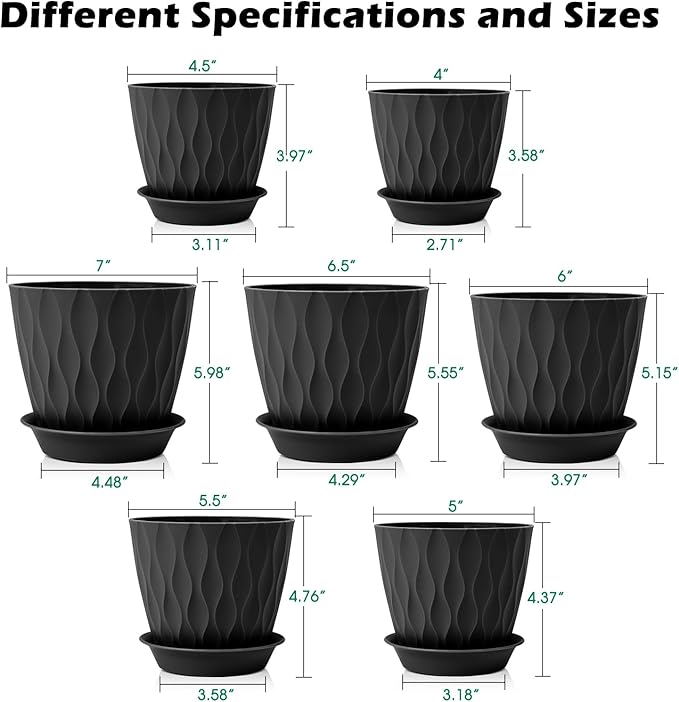 GARDIFE 7/6.5/6/5.5/5/4.5/4 inch Plant Pots, 7 Pack Flower Pots Indoor Outdoor, Planters with Drainage Holes and Tray Saucers (Black)
