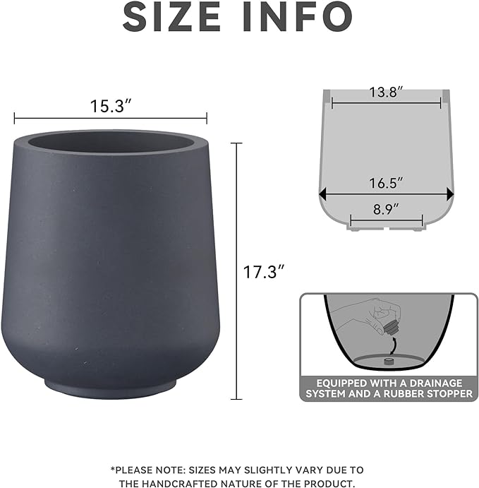 Kante 15.3" Dia Round Concrete Planter, Outdoor Indoor Large Plant Pots Containers with Drainage Hole and Rubber Plug for Home Garden Patio, Dark Gray