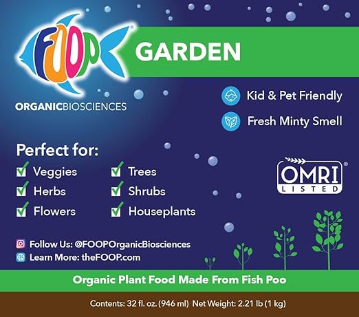 FOOP Garden - Organic Liquid Plant Food Made from Fish Manure (with Fresh Minty Scent) | Fish Fertilizer Alternative Perfect for Veggies, Herbs, Flowers,Trees,Shrubs | Kid&Pet Friendly (1G, 2 Pack)