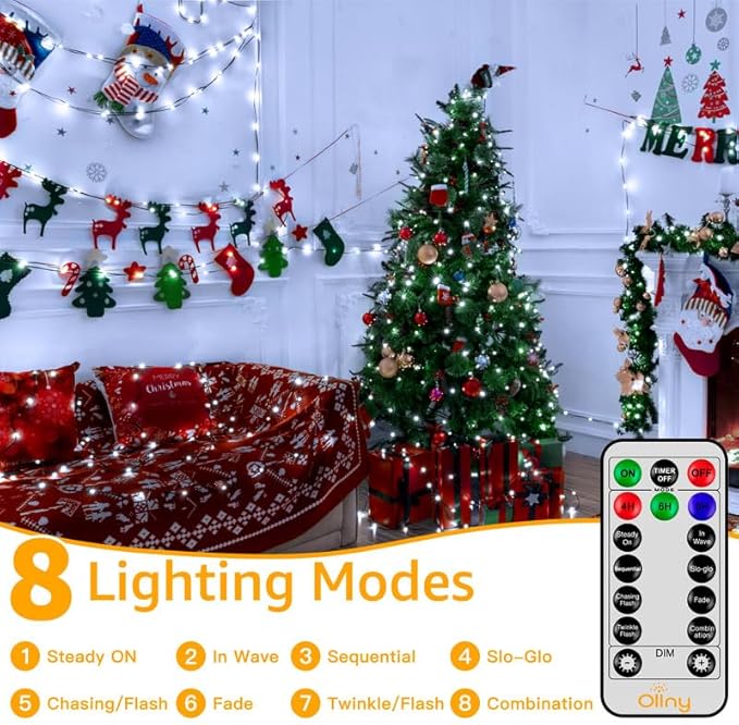 Ollny Christmas Lights, 198 FT 600 LED Outdoor Waterproof Plug in Christmas Tree Lights with 8 Modes Remote Timer, String Lights for House Yard Outside Indoor Xmas Decorations White