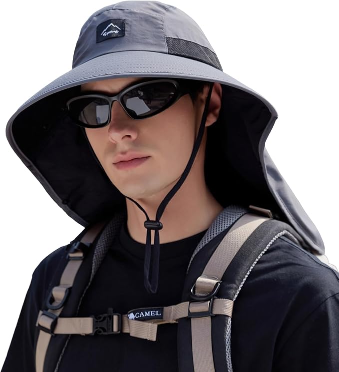 Rosoz Outdoor Sun Hat for Men Women, UPF50+ Protection Safari Cap Wide Brim Mesh Fishing Hat with Neck Flap Beach Garden
