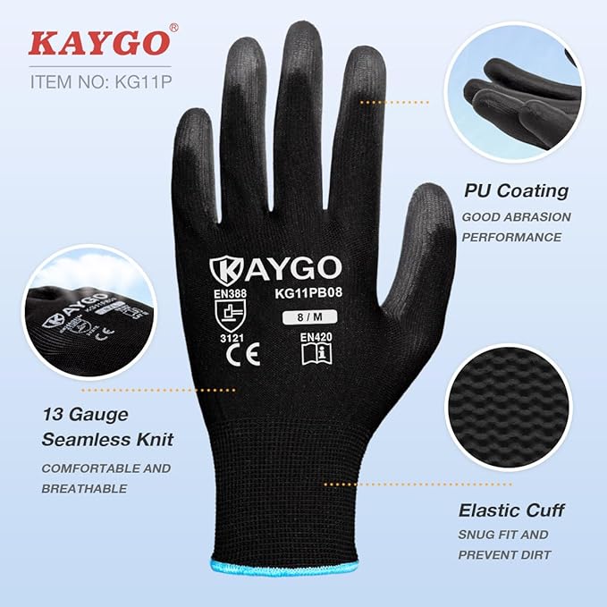 KAYGO Safety Work Gloves PU Coated,12 Pairs KG11PB Seamless Knit Glove for Men and Women, with Smooth Grip on Palm and Fingers, Ideal for General Duty Work (X-Large, Black)