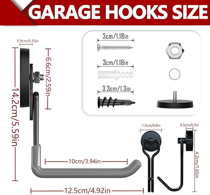 3-H Heavy Duty Magnet Garage Hooks 4 Pack, Extra Large Strong Magnetic Hooks for Hanging Cordless Power Drill, Utility Magnetic Tool Holder for Metal Cabinet, Steel Pegboard, Toolbox, Garage(Grey)