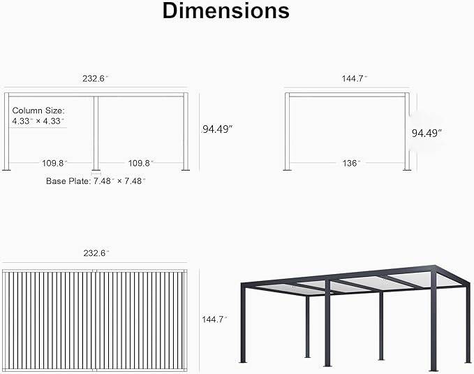 PURPLE LEAF Louvered Pergola 12' x 20' Outdoor Aluminum Pergola with Hidden Drainage System and White Adjustable Sun Shade Roof Patio Hardtop Oversized Pergolas for Outdoor Kitchen Bar Dining Lounge