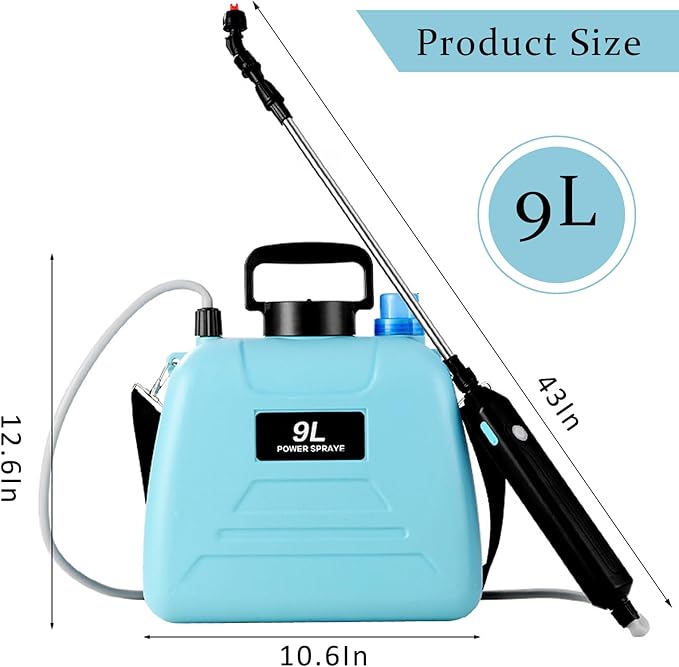 Battery Powered Sprayer 2.4 Gallon, 2025 Upgraded Electric Garden Sprayer, Automatic Power Weed Spray Battery Operated with Adjustable Shoulder Strap and Rechargeable Handle, 3 Mist Nozzles (Blue)