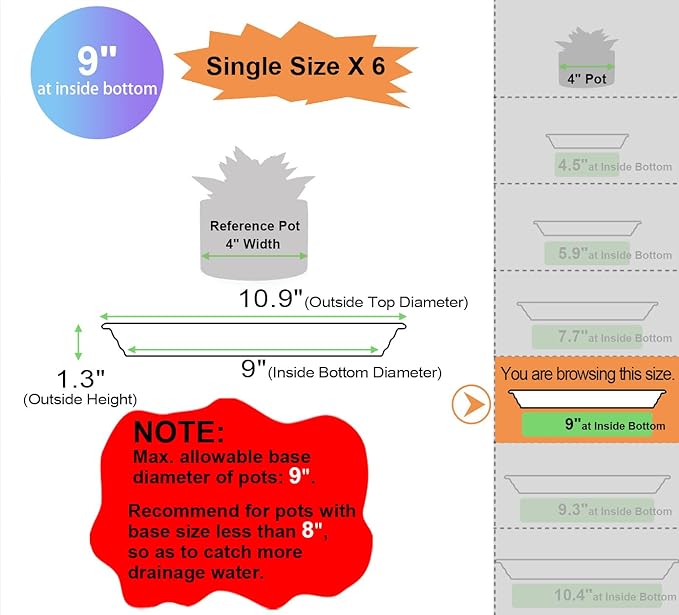 6 Pack 10.9 inch (9" at Base) Plastic Plant Saucer Trays, Planter Saucers Plant Trays for Indoors, Heavy Thick Durable Flower Pot Saucers for Plant Pot Saucer Outdoors