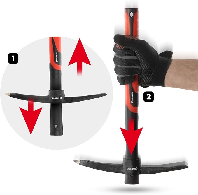 INTERTOOL Small Pickaxe - 1.5 lb Forged Steel Weeding Hoe – Pick Mattock 15-Inch with Anti-Slip Fiberglass Handle - Heavy-Duty Garden Tool for Roots, Rocks, Digging & Camping HT08-0303