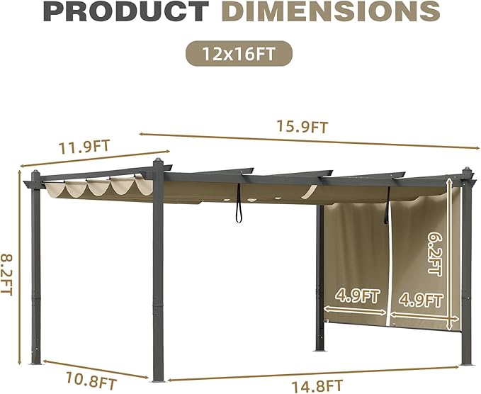 BPS 12x16 FT Outdoor Pergola - Retractable Shade Canopy with Aluminum Frame & Roller Shade Curtains for Patio, Backyard, or Deck, Khaki