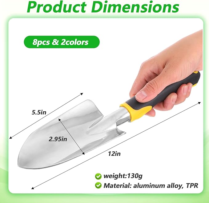 8 Pcs Garden Shovel Aluminum Alloy Heavy Duty Trowel Garden Tool Small Shovels for Digging Metal Hand Trowel Spade with Soft TPR Handle for Lawn Yard Farm Home Shop Planting
