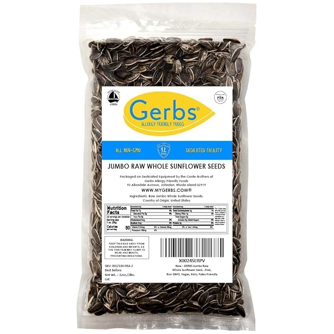 Gerbs Jumbo Raw Whole Sunflower Seeds 2 lbs. | No Additives, Shell-On, Resealable Bag | Crack-and-Eat Crunchy Snack | Top 14 Allergen-Free