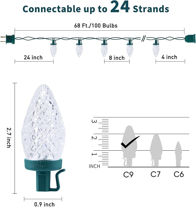 C9 LED Christmas Lights Outdoor, 68Ft 100 LED String with All in One Clips, Commercial Grade Waterproof Outdoor Christmas Lights for House Outside Roofline Xmas Decor, Pure White