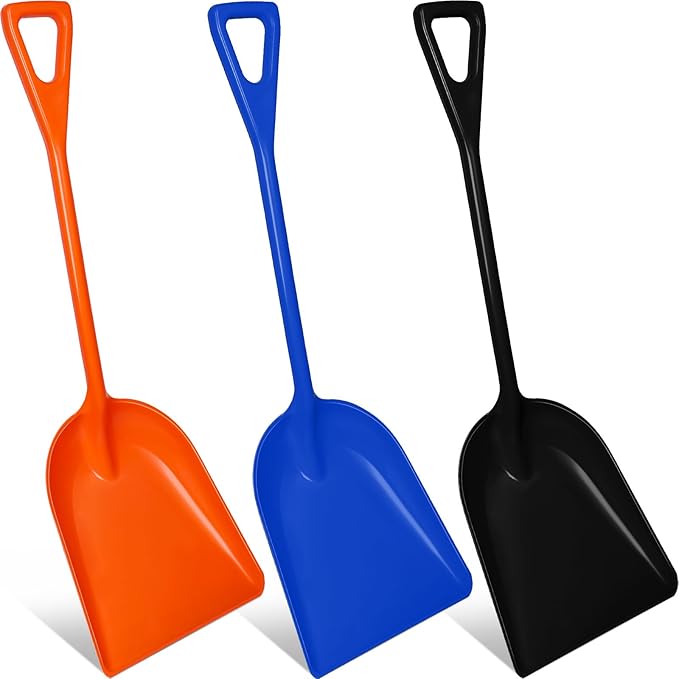 Frienda 3 Pieces Plastic Snow Shovel 43 x 14 Inches Heavy Duty Hygienic Shovel with D Shaped Grip Handle Large Durable Seamless Snow Scoop for Kitchen Gardening (Orange,Blue，Black)