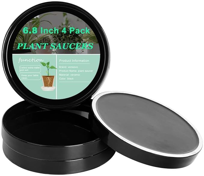 vensovo 7 Inch Black Ceramic Plant Saucer Pots Tray -4 Pcs Round Planter Saucers for Indoor & Outdoor Plants, Large Trays Perfect for 5 Inch 6Inch Flower Pot