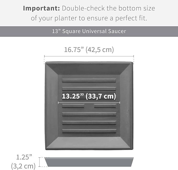 Crescent Garden Universal Square Plant Saucer, Modern UV Safe Durable Drip Tray for Square Planter, Heavy-Duty Plastic Drainage Dish, Indoor/Outdoor Flowerpot Saucer- 13'' inner x 16.75" outer (Black)