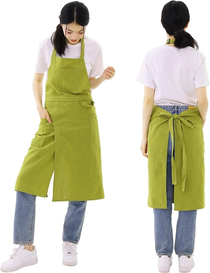 Linen Apron for women with pockets Cottion Linen Split-leg Apron for Clay Kichen Artist Pottery Gardening