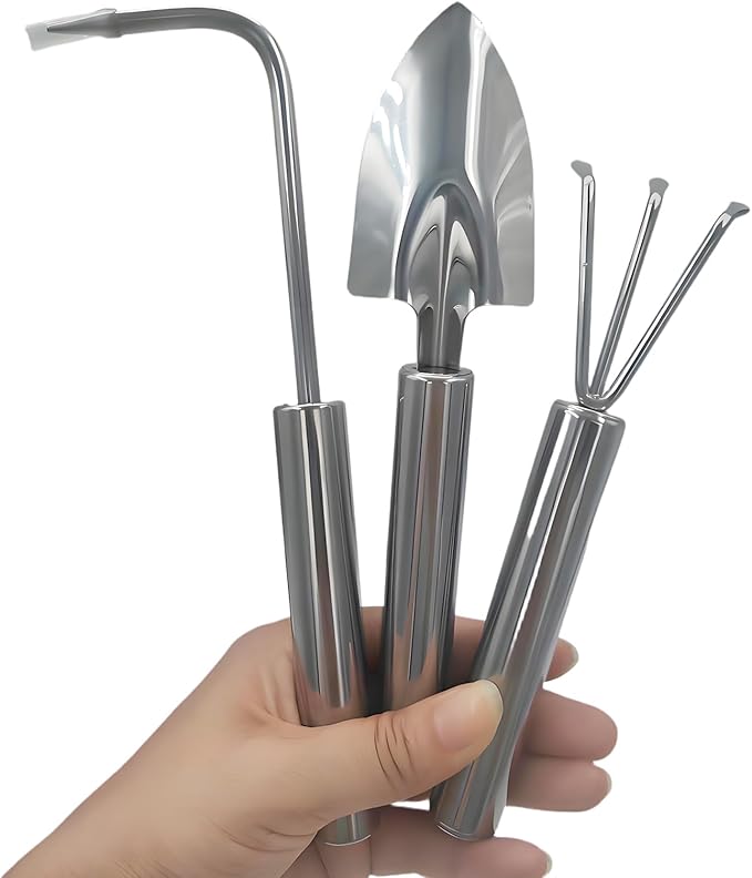 3 Pcs Stainless Steel Mini Garden Tools Set Small Tiny Shovel Trowel Root Extractor Hand Rake Indoor Outdoor Gardening Tools for Pot Plants Succulent Bonsai
