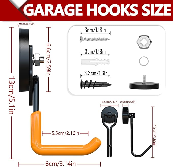 3-H Heavy Duty Magnet Garage Hooks 2 Pack, Large Strong Magnetic Hooks for Hanging Cordless Power Drill, Utility Magnetic Tool Holder for Metal Cabinet, Steel Pegboard, Toolbox, Garage(Orange)