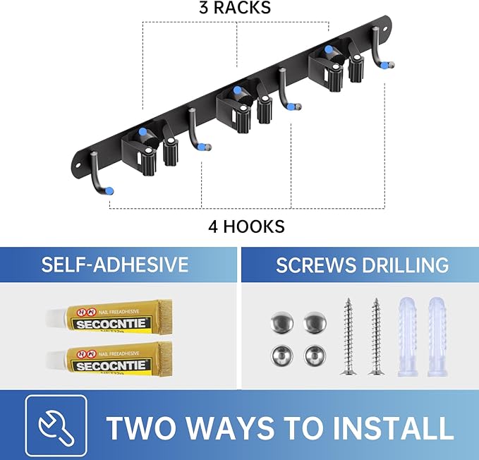 ZONGOOL Mop and Broom Holder Wall Mount, Broom Organizer Mop and Broom Storage Tool Racks Stainless Steel Wall Hanger for Home Kitchen Garden Laundry Garage (3 Racks with 4 Hooks, Black)