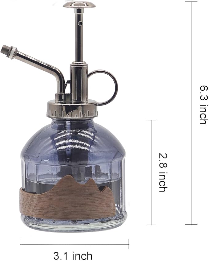 OFFIDIX Glass Plant Mister, 6.3 Inches Tall Vintage Style Spritzer Bronze Plastic Top Pump One Hand Watering Can Indoor Plant Spray Bottle for Garden, Plants, Cleaning (Distant Hill)
