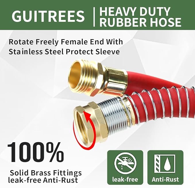50FT 5/8 Heavy Duty Rubber Garden Hose - 200psi Working, 1000psi Burst - Hot/Cold Water - Five-Layered Braiding for Durability - Versatile for Gardening, Agriculture, Construction(Red)