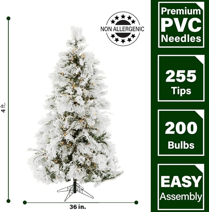 Fraser Hill Farm 4.0-Foot Pre-Lit Snowy Pine Flocked Slim Christmas Tree, Warm White LED Lights