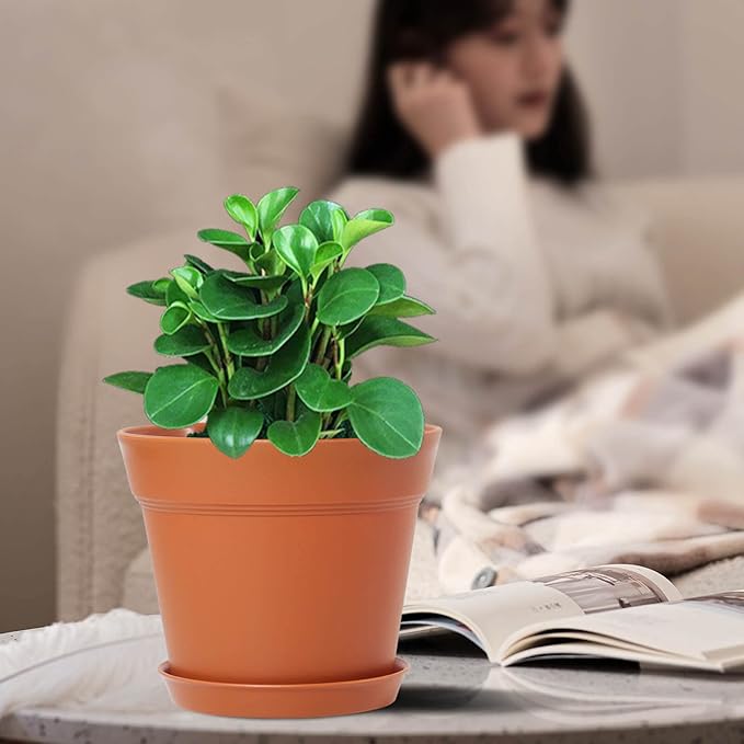 WOUSIWER 16 Pack 6 inch Plastic Planters, Plastic Indoor Planter Flower Pots, Heavy Duty and Stylish 6 Inch Plant Pots for Indoor Plants with Drainage Holes and Tray for Plants, Flowers, Terracotta