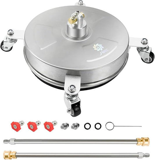 janz 14" Pressure Washer Surface Cleaner with 4 Wheels, Stainless Steel Housing, 1/4" Quick Plug, 2 Extension Wands, 2 Replacement Nozzles and 3 Spray Nozzles, 4000 PSI