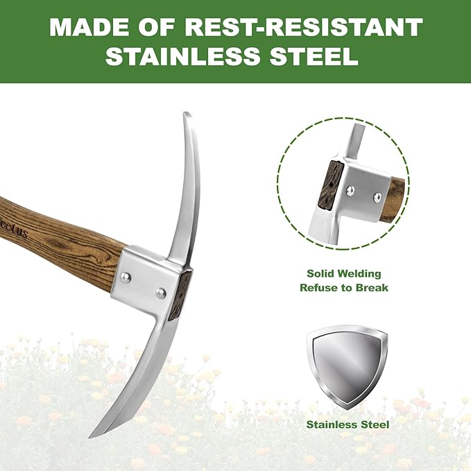Haliaeetus Pick Axe, Stainless Steel Mattock with Sharp Pick and Cutting Edge for Breaking up Heavy Clay Soil, and Removal of Difficult Weeds, Garden Pick with Wood Handle for Digging, Loosening Soil