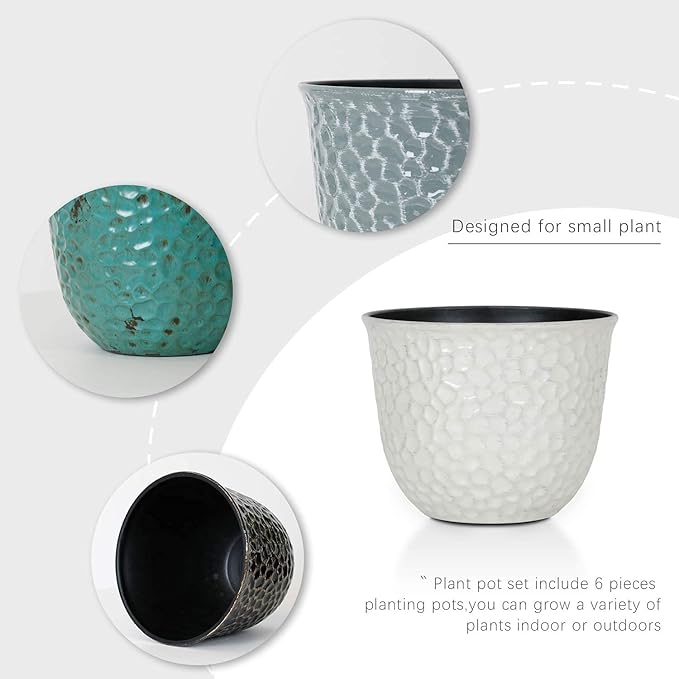 Worth Garden Plastic Round 8 Inch Planters for Indoor Plants Set of 6 Outdoor Resin Flower Pots Colorful with Drainage Hole Rubber Plug Retro Appearance Home Christmas Decorative Containers Multicolor