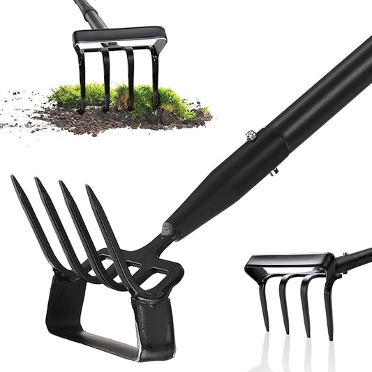 Stirrup Hoe, Heavy Duty Hula Hoe with 32-72" Adjustable Long Handle, 2 in 1 Action Hoe with Cultivator Rake, Scuffle Hoe, Hula Hoe Garden Tool for Weeding Grass, Loosening Soil, Sharp Blade, Black