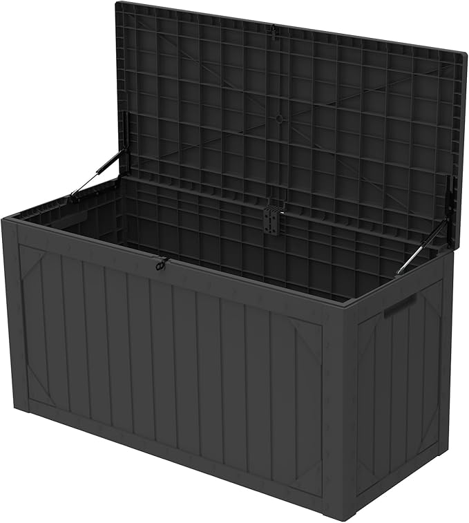 Deck Box outdoor waterpoorf, Storage Box Outdoor and Indoor for Pool Toys, Patio Cushions, Resin Storage Bin for Outside, Lockable (Black, 100 Gallon)