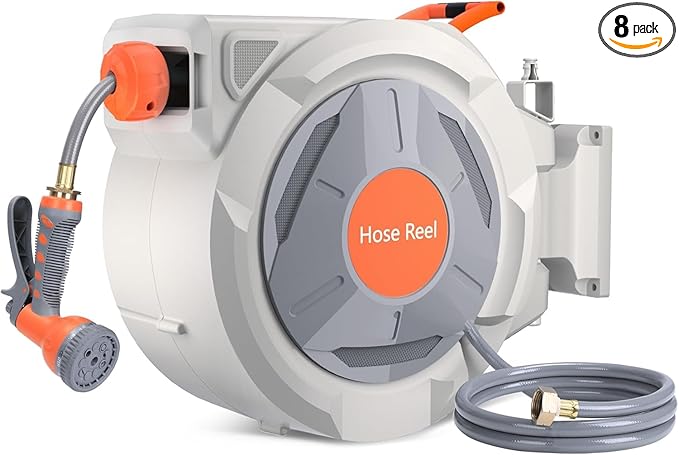 Retractable Garden Hose Reel 5/8 in x 65 Ft, EliteEdge Wall Mounted Garden Hose Reel, with 9 Function Sprayer Nozzle, Any Length Lock, Lock/Automatic Slow Return System, 180° Swivel Bracket