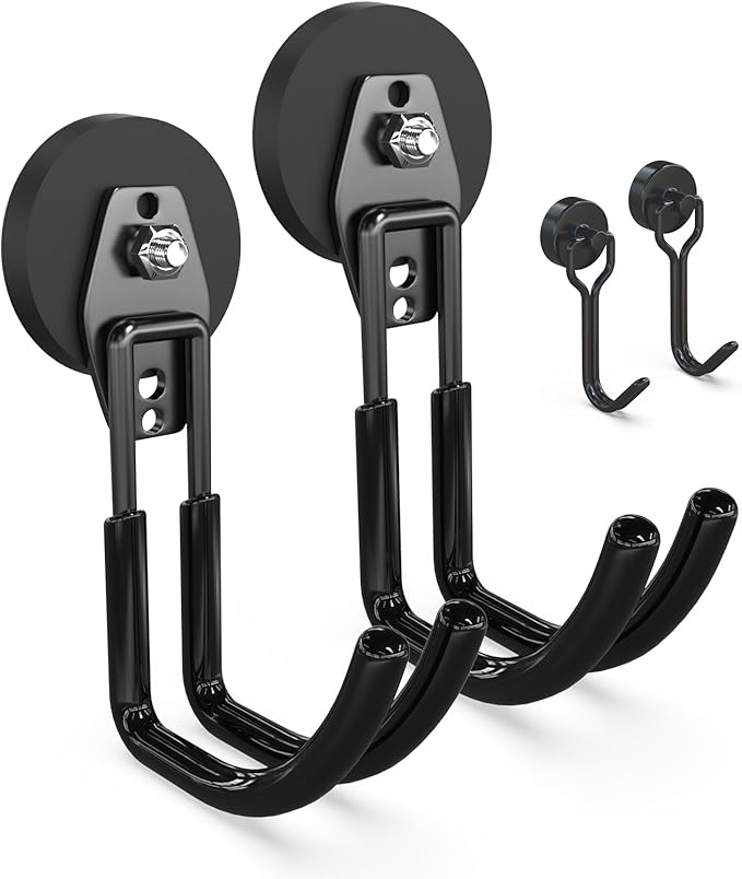 3-H Heavy Duty Magnet Garage Hooks 2 Pack, J Shape Strong Magnetic Hooks for Hanging Cordless Power Drill, Utility Magnetic Tool Holder for Metal Cabinet, Steel Pegboard, Toolbox, Garage(Black)