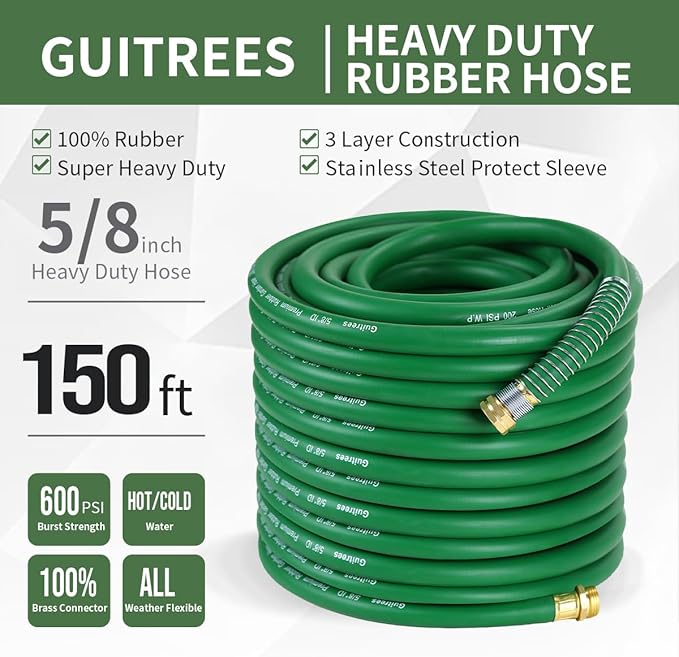 150ft 5/8 Heavy-Duty Rubber Garden Hose - 200psi Working, 1000psi Burst - Hot/Cold Water - Five-Layered Braiding for Durability - Versatile for Gardening, Agriculture, Construction (Green)
