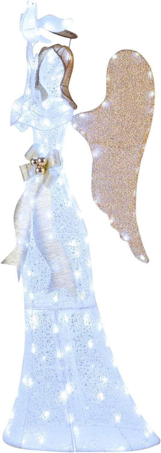 Tangkula 5.5 FT Christmas Lighted Angel, 3D Pre-lit Halo Angel with Pigeon, Golden Wings, Zip Ties and Ground Stakes, Xmas Holiday Decoration for Outdoor Indoor Home Yard Porch