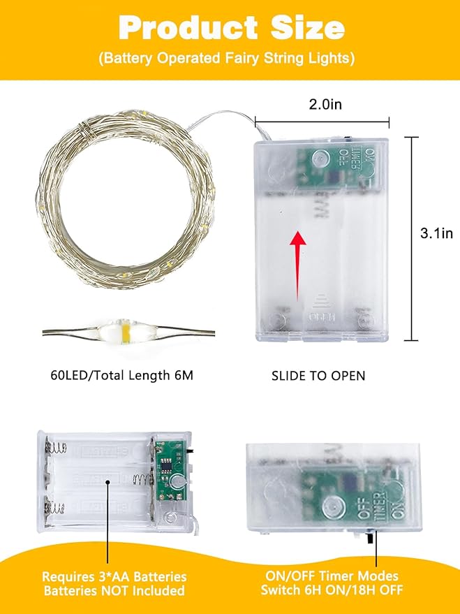 2 Pack 60 LED Christmas Fairy Lights Battery Operated with Timer, 20FT Waterproof Twinkle Lights Indoor Outdoor, String Lights for Bedroom, Wedding, DIY, Centerpiece, Christmas Decorations(Warm White)