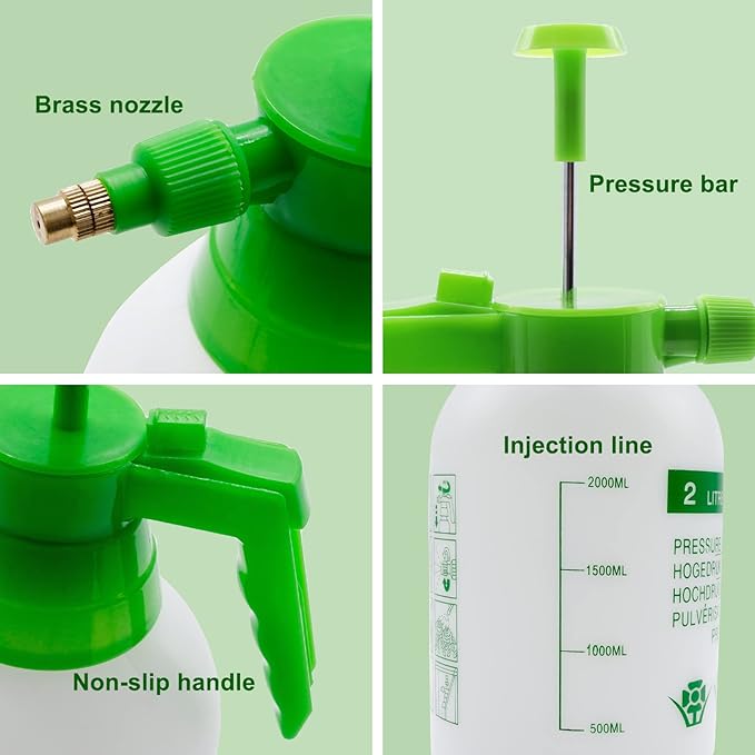 68oz Garden Pump Sprayer, 2L Hand Pressure Sprayer Bottle, 0.5 Gal Lawn Adjustable Sprayer for Plant Mister Spraying Weeds Home Cleaning Watering (Green)