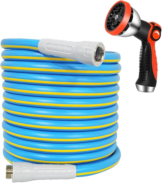 HQMPC Garden Hose 5/8 in. x 30 FT., Water Hose Heavy Duty Durable Material Water Hose with Solid Fittings with Spray Nozzle (BLUE)