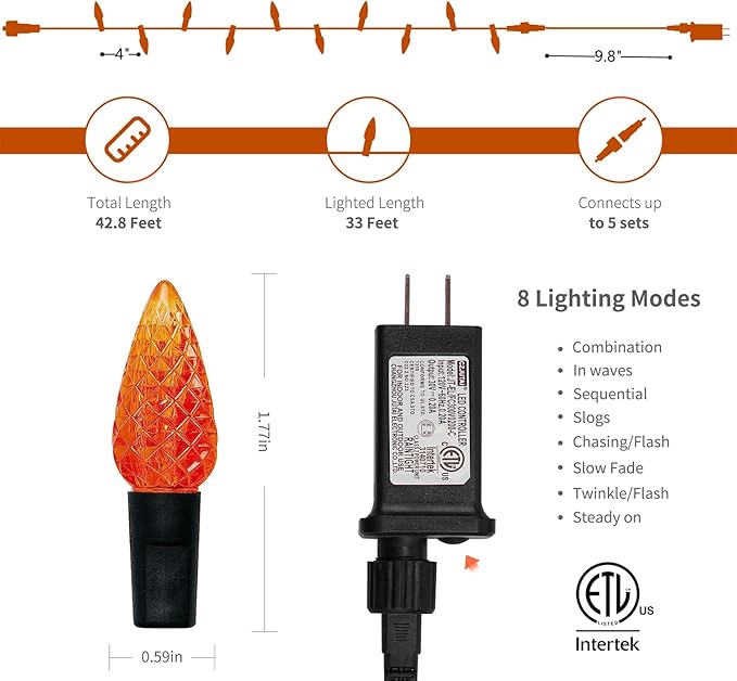 WATERGLIDE Halloween C6 String Lights, 33ft 100 LED Black Wire Fairy Lights with 29V Safe Adaptor, 8 Lighting Mode, Waterproof for Indoor Outdoor Patio Xmas Tree Party Decor, Orange & Purple