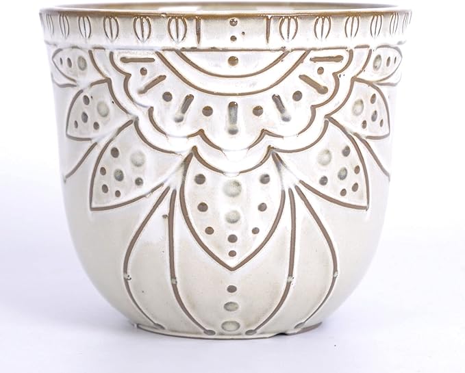 VanEnjoy 5.9 inch Round Bohemian Style Ceramic Planter, Geometry Engrave Off White Brown Planter Flower Pot, Indoor Outdoor Decorative Planter