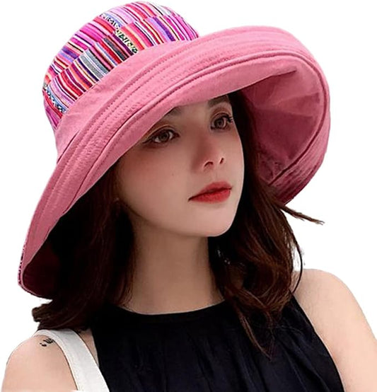Women Wide Brim Sun Hats Metal Wired Edge Summer UV Protection Beach Fishing Hat for Hiking Garden Travel Chin Strap