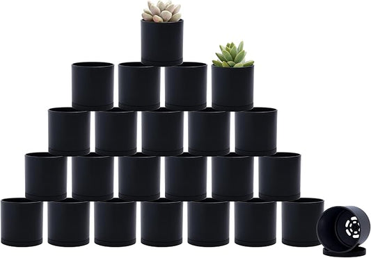 D'vine Dev 24 Pack 2 Inch Mini Plastic Plant Pots, Small Garden Planters for Plant with Drainage Holes and Saucers, Black Color, 74-Y-A-6