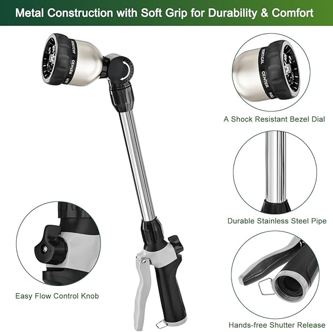 FANHAO Watering Wand Heavy Duty, 16 Inches Metal Garden Hose Wand with 8 Spray Patterns, Long Hose Nozzle Sprayer with ON/OFF Thumb Control, Perfect for Hanging Baskets, Shrubs, Garden and Lawn