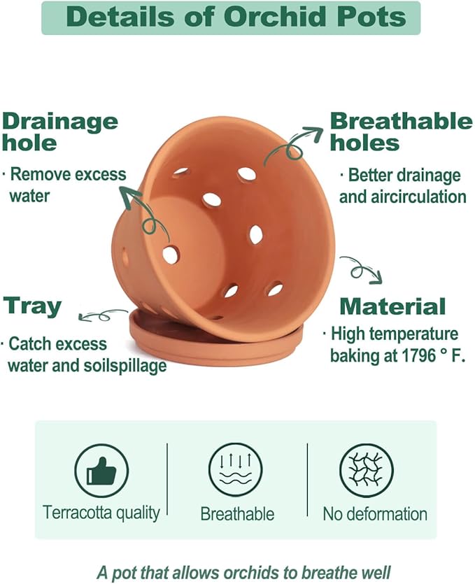 vensovo Terracotta Orchid Pots with Holes and Saucers - Clay Orchid Planter Pots for Repotting, Plant Flower Pots for Orchid Indoor and Outdoor Promotes Air Circulation