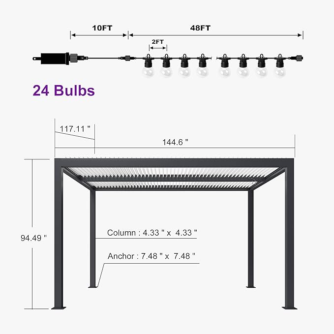 PURPLE LEAF Louvered Pergola 10' x 12' Outdoor Aluminum Pergola with Hidden Drainage System and White Adjustable Sun Shade Roof Patio Hardtop Small Pergolas with String Lights for Porch Patio Garden