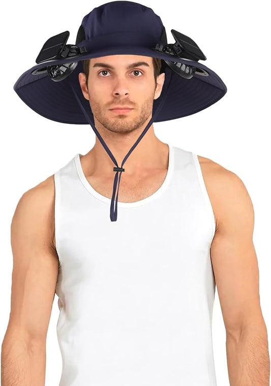 Wide Brim Solar Fan Outdoor Fishing Hat with 2 Solar Fan UPF 50+ Sun Bucket Hat Waterproof Breathable Fishing Hat Bucket Hat