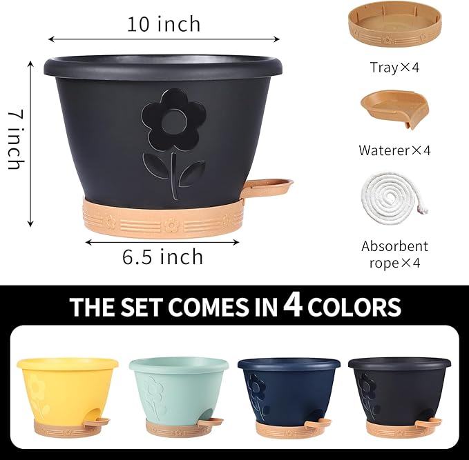 Plant Pots 10 Inch Set of 4, Self Watering Pots with Drainage Holes, Saucer & Reservoir, Flower Pots for Indoor/Outdoor Plants, Decorative Nursery Planting Pots (Black)